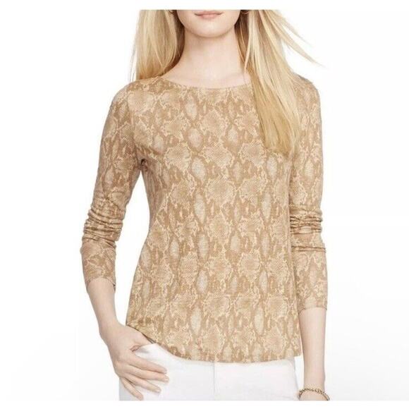 LRL Ralph Lauren Top Women Large Tan Snake Print 100% Linen Semi Sheet Python - Picture 2 of 12